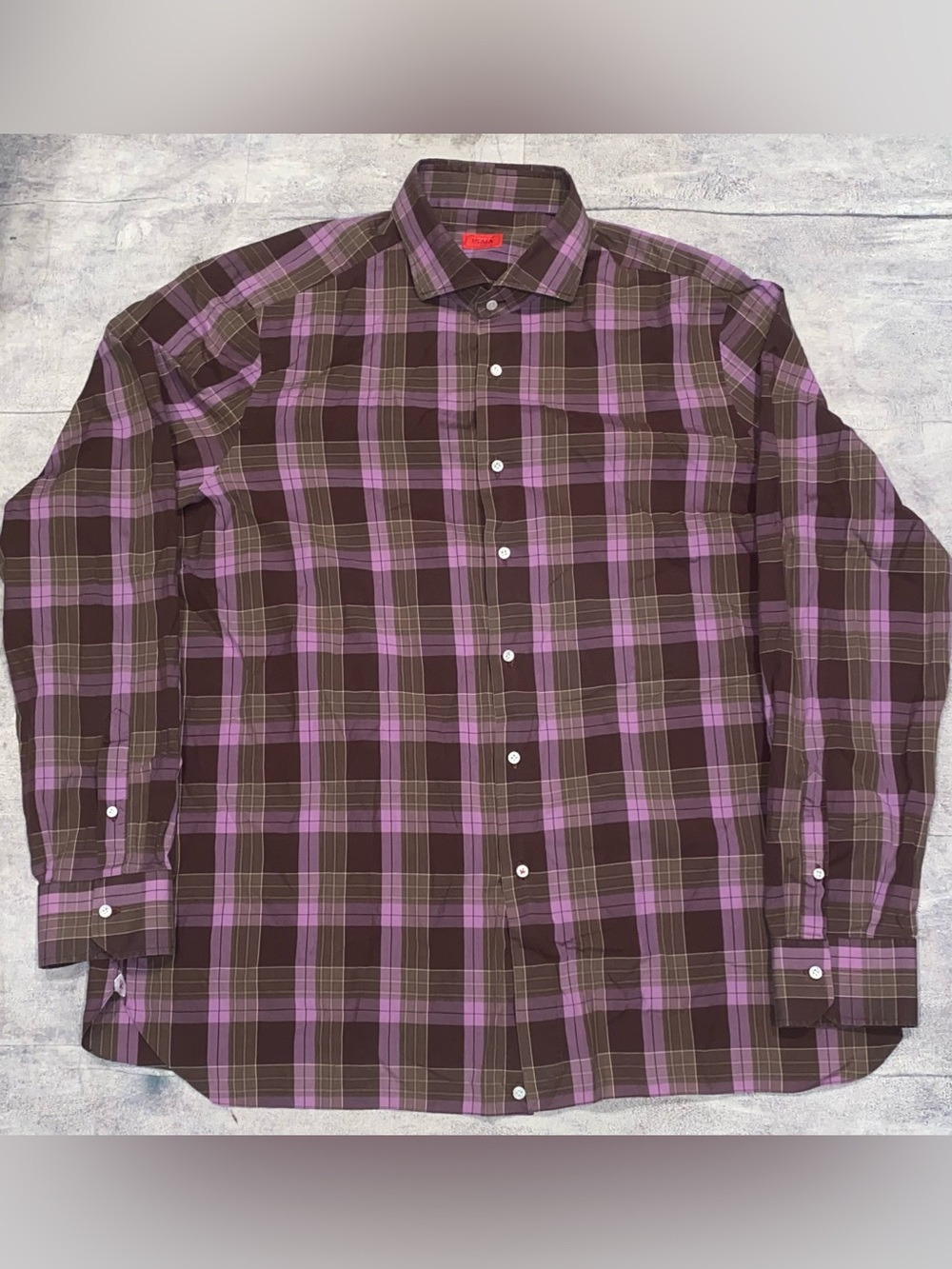 Isaia Napoli 100% Cotton Plaid Check Button Up Down Long Sleeve Shirt 18.5 Italy